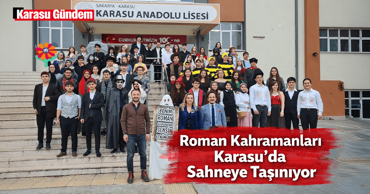 Karasu Anadolu Lisesi öğrencilerinin roman kahramanlarını canlandırdığı edebiyat etkinliğinden görüntü