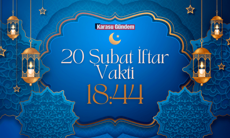 Karasu Gündem 20 Şubat 2026 Cuma günü için Ramazan iftar vakti saatinin 18:44 olduğunu gösteren kandil süslemeli mavi görsel.
