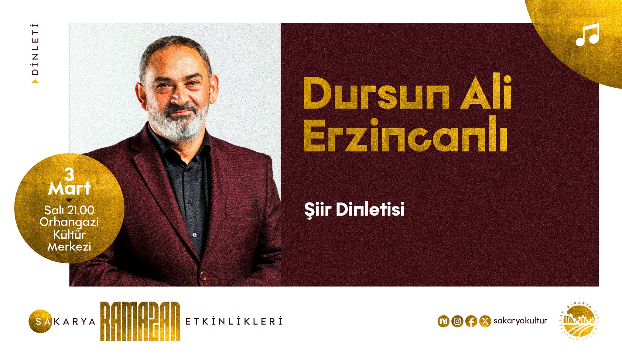 Dursun Ali Erzincanlı şiir dinletisi Sakarya Orhangazi Kültür Merkezi Ramazan etkinliği.