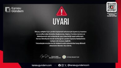 Karasu Belediyesi tarafından yayınlanan, başkanın adını kullanan dolandırıcılara karşı acil uyarı duyurusu.
