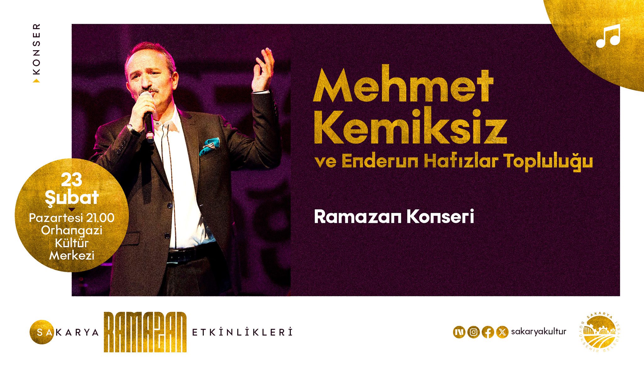 Mehmet Kemiksiz ve Enderun Hafızlar Topluluğu Sakarya Ramazan konseri afişi.