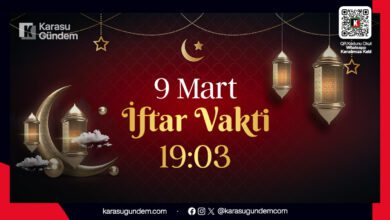 9 Mart 2026 Sakarya Karasu iftar vakti saat 19:03 olarak açıklanan Ramazan ayı görseli.