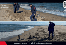 Sakarya Karasu sahilinde karaya vuran parçalanmış İHA (İnsansız Hava Aracı) ve olay yerinde alınan güvenlik önlemleri.